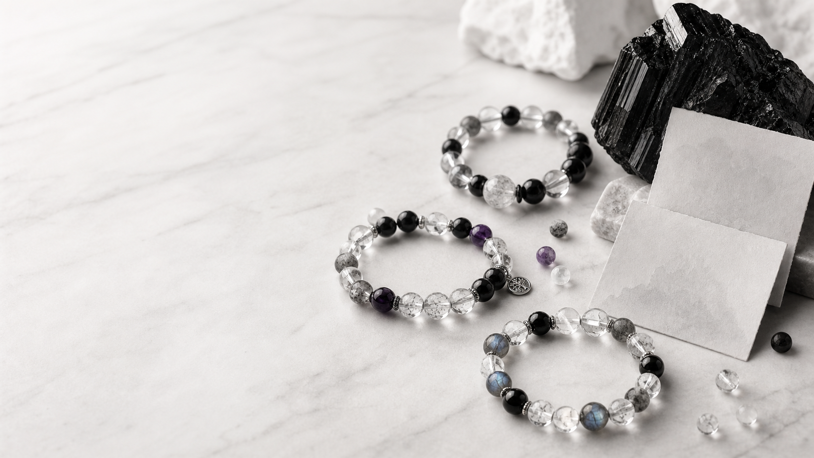 Crystal bracelets arranged with customer note cards